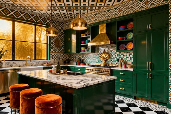 Kitchen with deep emerald green cabinetry, brass hardware, and a brass range with matching hood beneath a mosaic green tile backsplash. A large marble-topped island faces three burnt-orange velvet stools, with two brass dome pendants above. Black-and-white checkerboard flooring meets patterned walls and a geometric ceiling, while amber-textured windows glow over a white farmhouse sink and marble counters. Open shelves display colorful plates and bowls.