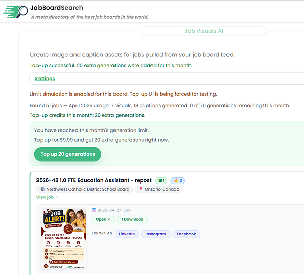 Screenshot of a web interface showing two selectable product options for top-up in Job Visual AI.