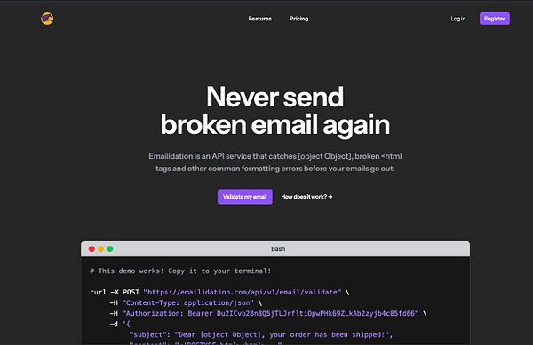 The image displays a promotional webpage for an email validation API service, featuring a command line interface example.