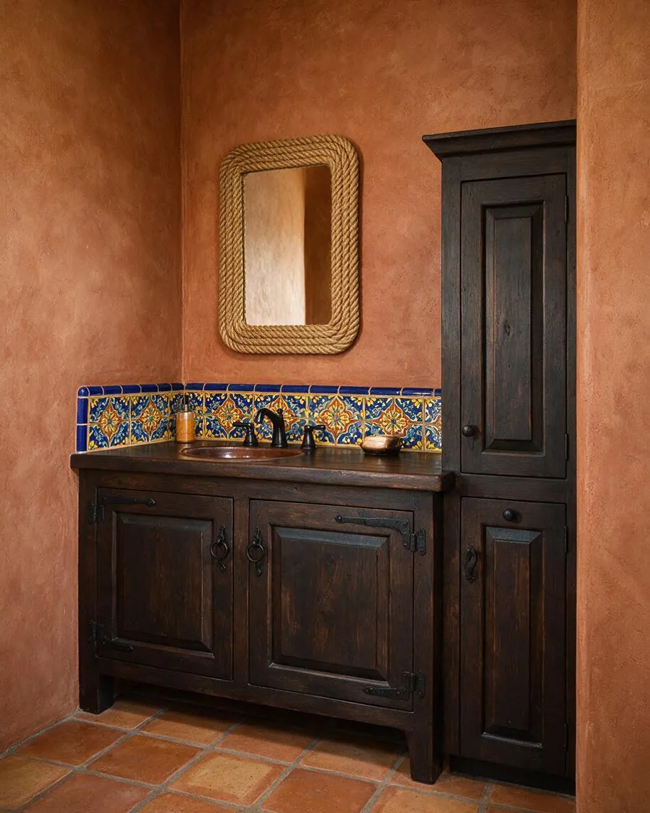A Mediterranean-style master bathroom with terracotta plaster walls, a dark wood vanity and tall storage cabinet, and a decorative blue, gold, and white tile backsplash. A rope-framed mirror hangs above the sink, and the floor is finished in warm terracotta tiles.
