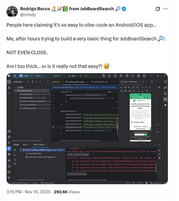 A developer expresses frustration over coding an Android/iOS app while showcasing their coding environment and error messages.
