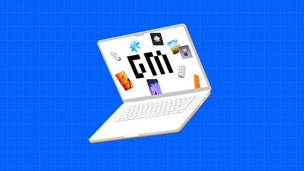 A stylized laptop displays various design elements against a blue grid background.