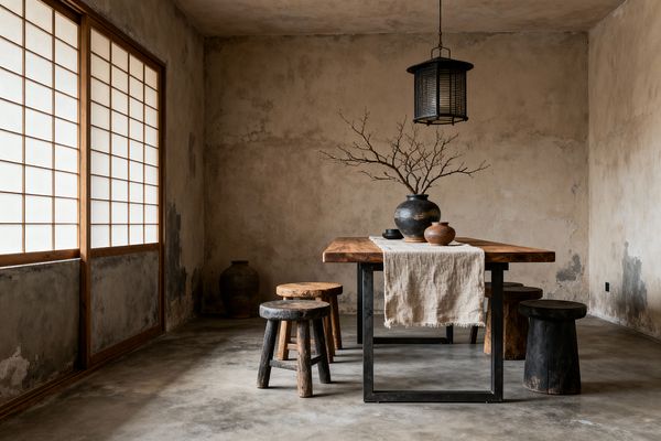 A Wabi-Sabi dining room with a thick solid wood table on black steel legs, surrounded by mismatched rustic stools, sits against mottled plaster walls with visible patina. Diffused daylight filters through wood-framed shoji screens, highlighting a linen table runner and hand-thrown ceramic vases holding dry branches, a black lantern pendant above, and a smooth gray concrete floor in a restrained, earthy palette.
