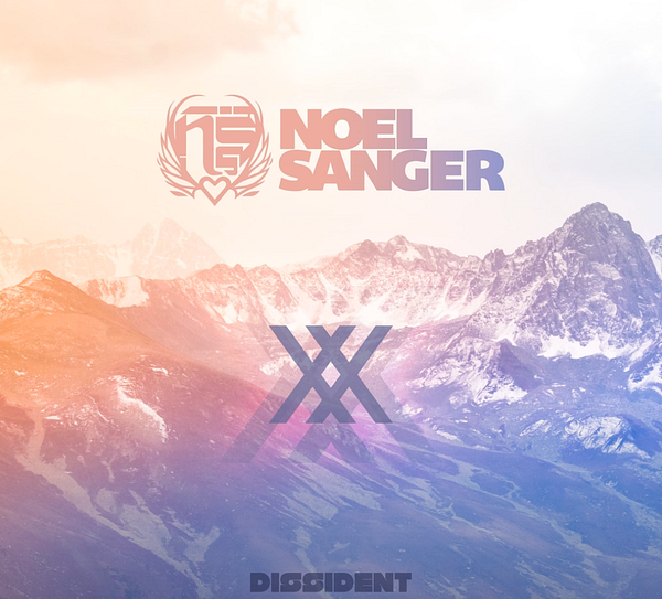 The image features a stylized graphic design for a music track by Noel Sanger, set against a backdrop of mountains.