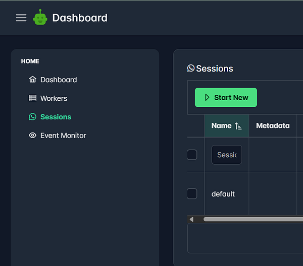 The image displays a user interface for managing sessions in N8N, specifically for WhatsApp integration.