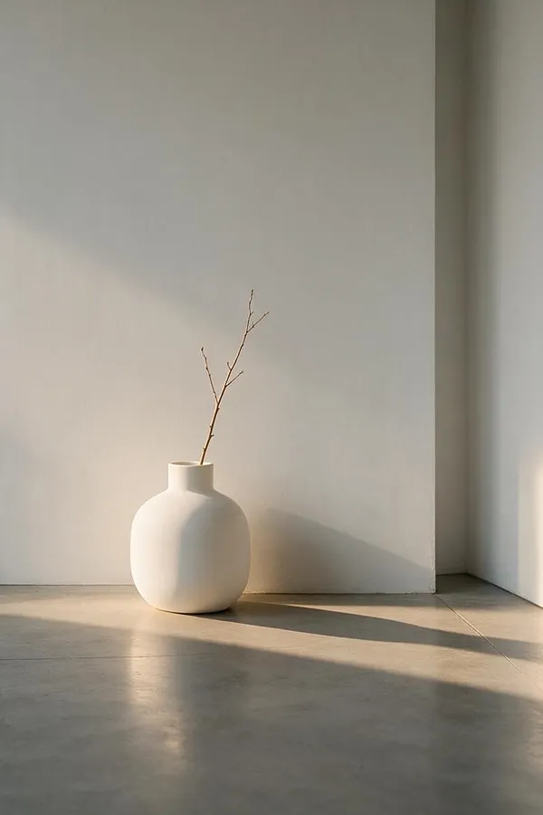 A simple minimalist interior corner with a rounded matte white ceramic vase holding a thin bare branch. The vase sits on a smooth concrete floor against a plain off-white wall, with soft warm sunlight casting long shadows across the space.