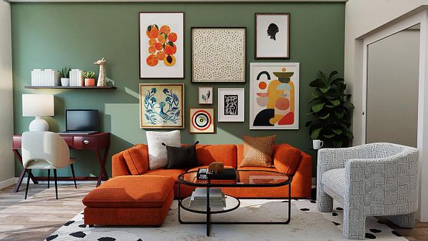 A stylish living room featuring a mix of modern furniture and vibrant artwork.