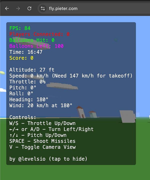 The image displays a game interface showing flight statistics and controls.