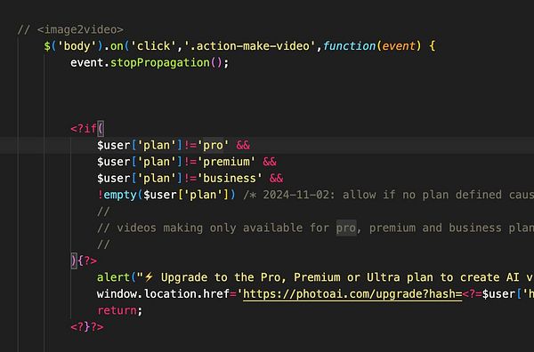 The image displays a code snippet related to user plans and video creation functionality.
