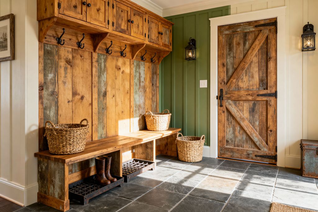 A rustic mudroom features a long reclaimed-wood bench with upper cubbies and black iron coat hooks set against vertical planks, some weathered green. A barn-style wooden door with strap hinges stands on an olive green paneled wall, flanked by black lantern sconces; large slate tiles cover the floor with boot trays and woven baskets for storage, while warm daylight highlights the knots and patina in the wood.