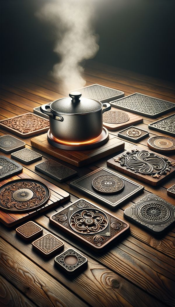 A variety of trivets in different materials and designs displayed on a wooden kitchen counter, with a steaming pot placed on one of them.