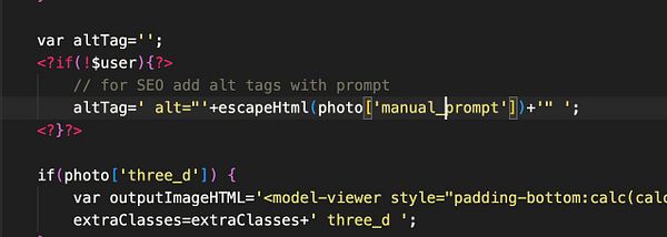 The image displays a code snippet related to adding alt tags for SEO purposes.