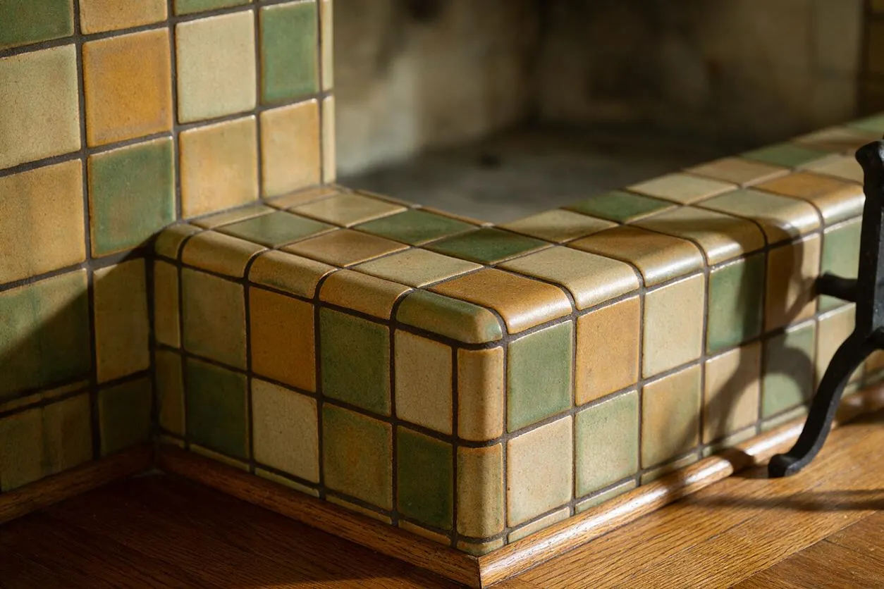 A close-up of a Craftsman-style fireplace or hearth surround with small square ceramic tiles in muted green, gold, cream, and tan tones. The tiles wrap around a rounded corner ledge above a warm wood base, with dark grout lines and a black metal fireplace tool visible at the edge.