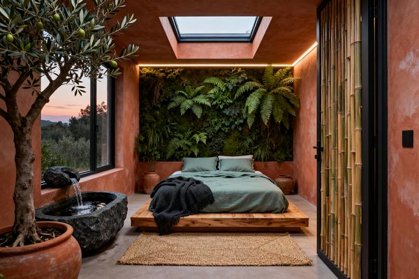 A biophilic bedroom features a low solid-wood platform bed with sage green linen set against a living green wall of ferns and moss. Terracotta plaster walls enclose the room, with a rectangular skylight above and a large black-framed window to the left. A bamboo-panel door is on the right. A potted olive tree and carved stone water fountain sit near the window, while a jute rug lies on a light gray concrete floor illuminated by warm LED cove lighting.