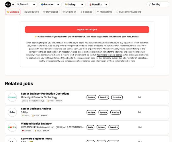The image displays a job application interface from Remote OK, featuring a warning about job application scams and a list of related job postings.
