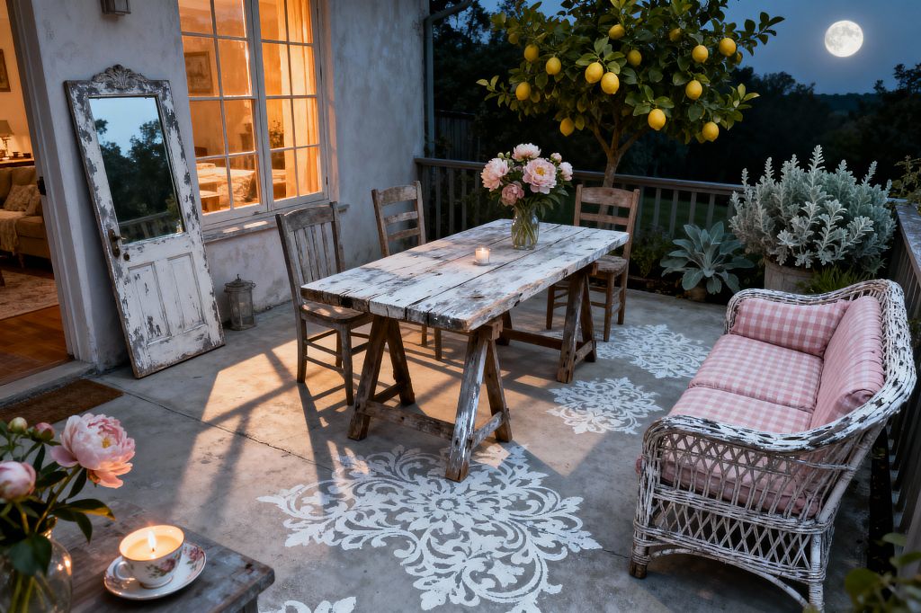 A small patio at dusk features a weathered plank trestle table with mismatched wooden chairs, a whitewashed wicker loveseat with pink gingham cushions, and a glass vase of peonies with a lit candle. White damask stencils decorate the concrete floor, an antique mirrored door leans near warm glowing windows, and potted plants including a lemon tree and silvery foliage border the railing, with a full moon visible beyond.