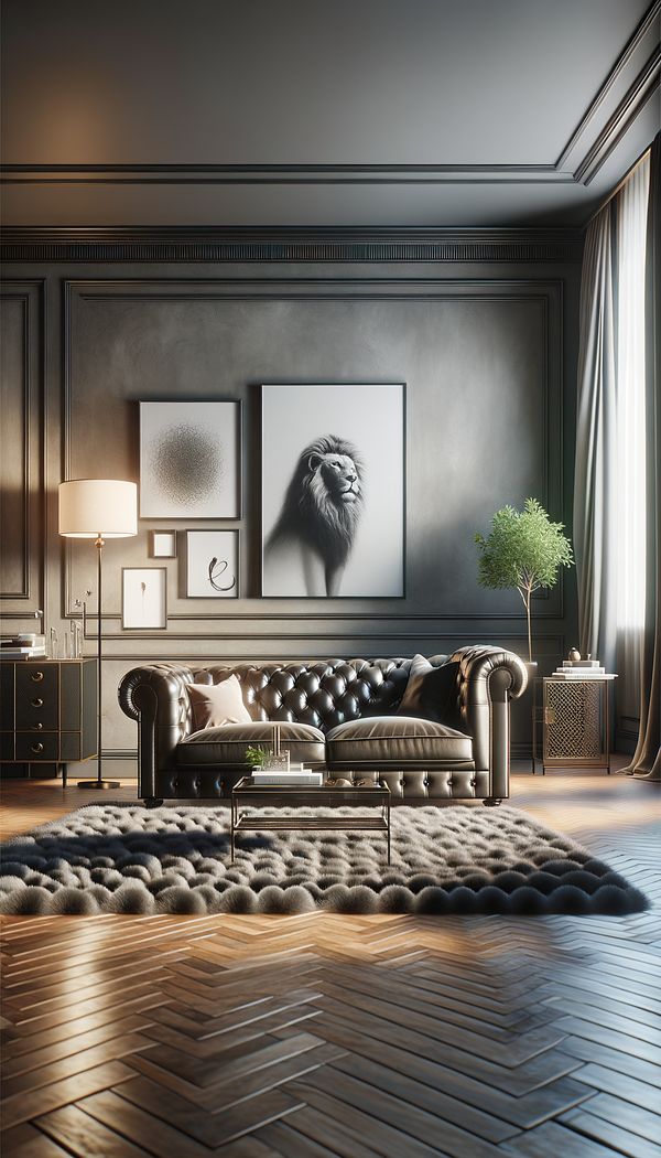 An elegant living room featuring a Chesterfield sofa as the centerpiece, surrounded by contemporary accessories and decor.