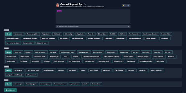 The image displays the interface of the Canned Support App, showcasing various preset messages for customer support.