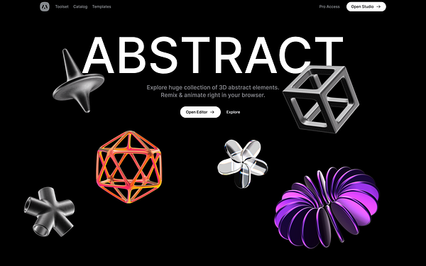 The image features a vibrant landing page showcasing various 3D abstract elements against a black background.