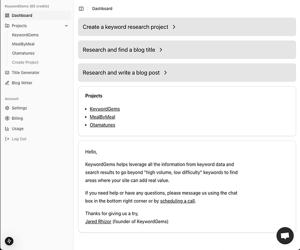 The image displays a dashboard interface for the KeywordGems application.