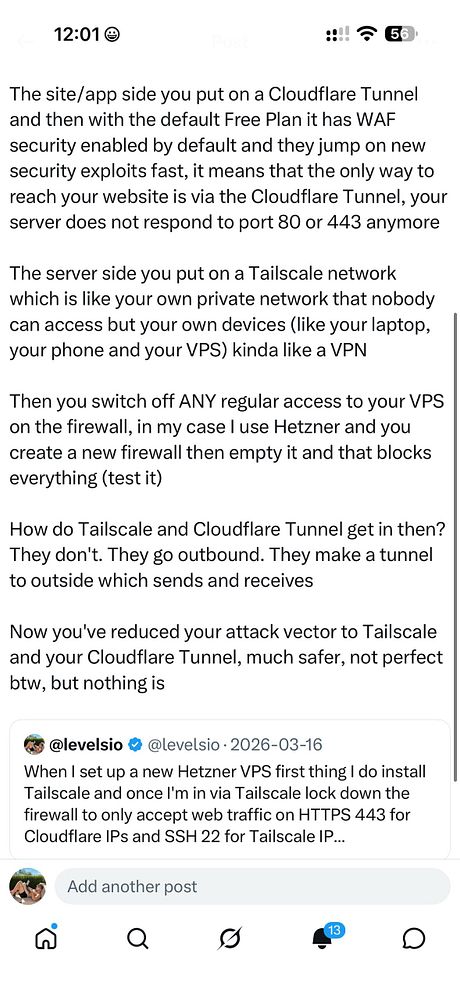 Text explaining the setup of Cloudflare Tunnel with Tailscale for enhanced server security by restricting access only through these services and blocking other traffic via firewall settings.