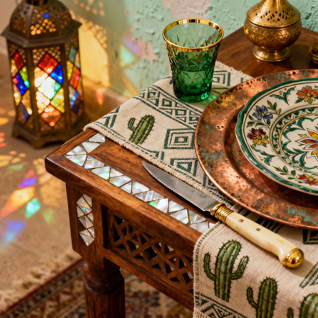 A close-up of a Moroccan-style dining table shows a carved hardwood top with geometric mother-of-pearl inlay and a lattice apron. A cactus-embroidered cream runner holds a hammered copper charger layered with a hand-painted floral ceramic plate, beside a green cut-glass tea cup with a gold rim, a small brass vessel, and a bone-handled knife. In the background, a brass lantern with multicolored glass casts jewel-toned light across a mint-plaster wall and a fringed rug.