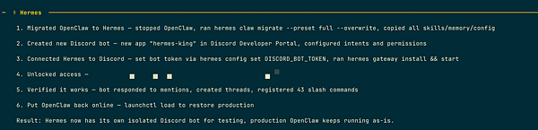 Screenshot of a Discord bot setup conversation with Hermes AI bot integration.