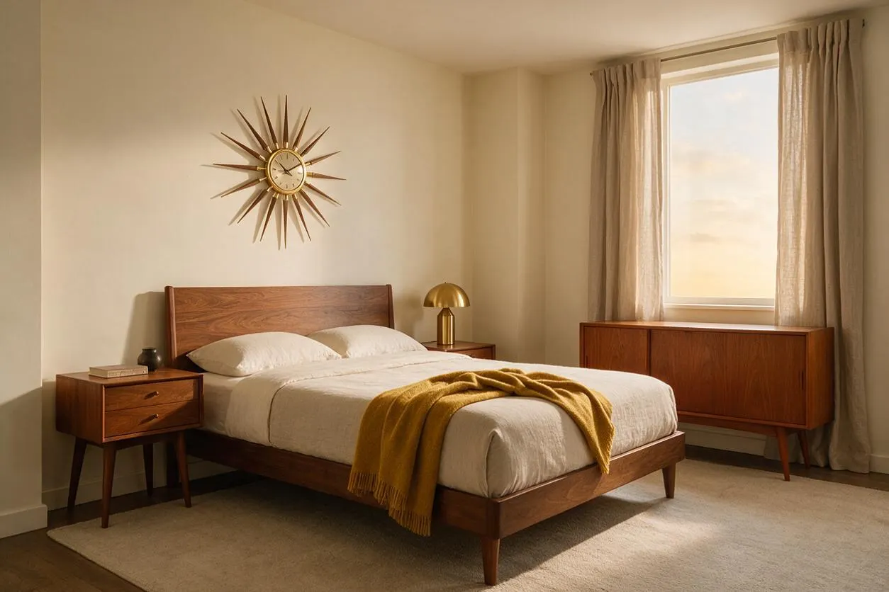 A serene master bedroom with a low walnut platform bed, cream bedding, and a mustard throw, centered beneath a sunburst wall clock. Matching walnut nightstands and a mid-century cabinet sit beside a large window with sheer beige curtains, all on a soft neutral carpet.