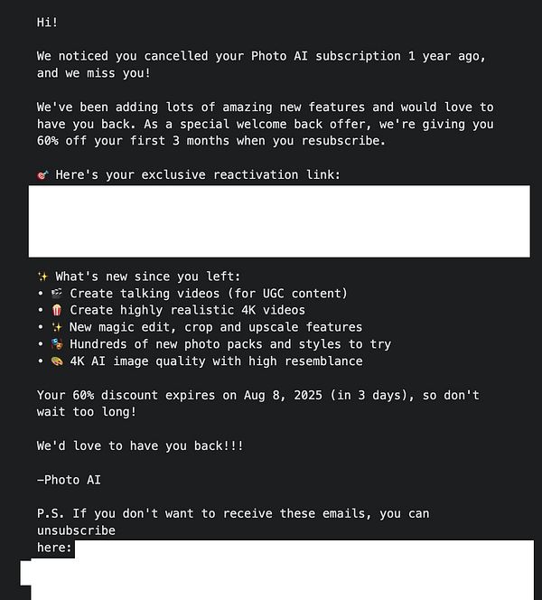 The image displays an email notification from Photo AI encouraging a former subscriber to reactivate their subscription with a special offer.