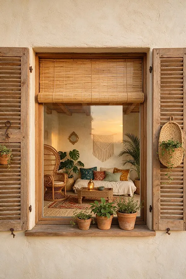 A bohemian-style window set in a textured cream stucco exterior, framed by weathered wooden shutters. Through the glass, a cozy room is visible with a wicker chair, low sofa with colorful cushions, hanging macramé, potted plants, and a bamboo shade, all lit by warm sunset light.