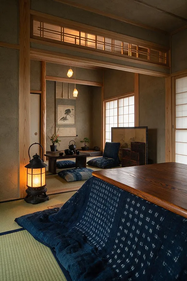 A serene Japanese Zen-style basement with tatami flooring, low wooden tables, and indigo floor cushions. Warm lantern lighting, shoji screens, natural wood beams, and subtle wall art create a calm, traditional atmosphere.