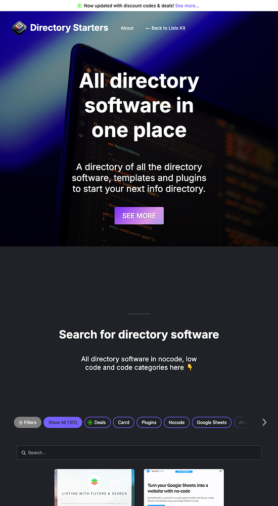 The image displays a webpage for Directory Starters, showcasing a directory of software and plugins.