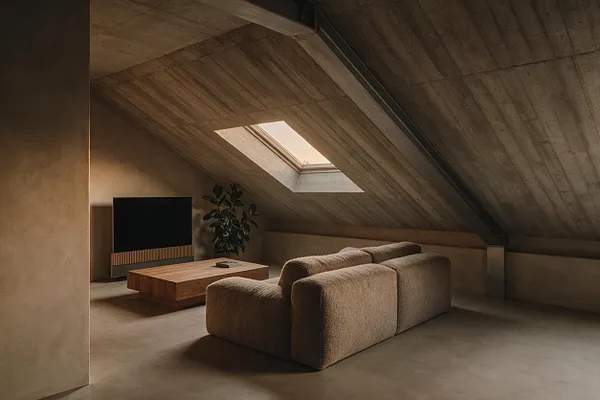 A media room with sloped concrete ceilings, a skylight, and a low modular sofa in textured beige upholstery. A wooden coffee table, black flat-screen TV, and potted plant sit against warm neutral walls, creating a sparse, sculptural Brutalist interior.