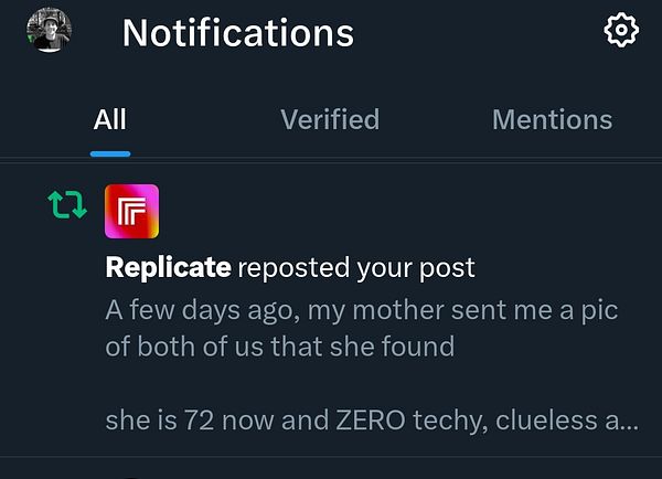 The image displays a notification from a social media platform regarding a repost by Replicate.