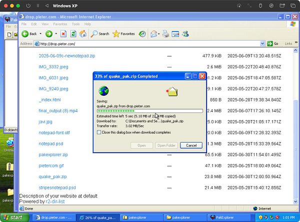 The image displays a Windows XP interface showing a file download in progress from a website.