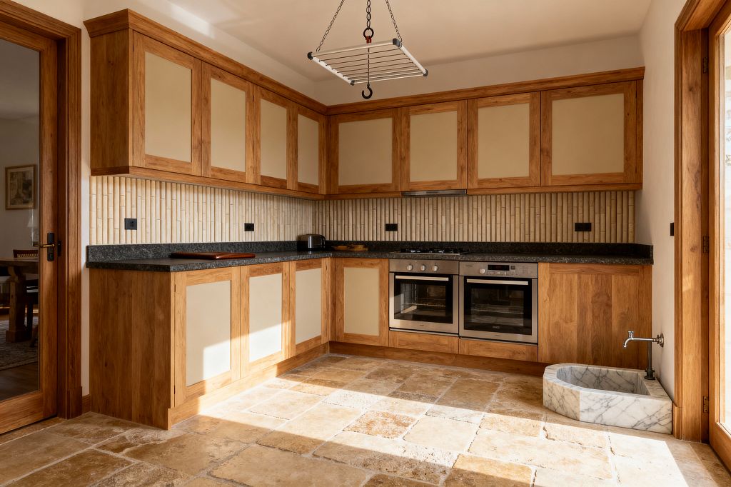 A transitional laundry and utility room with U-shaped oak cabinetry featuring cream inset panels and charcoal granite countertops. A vertically stacked cream ceramic tile backsplash spans the walls, with stainless double ovens and a gas hob centered beneath upper cabinets; a ceiling-mounted clothes drying rack hangs on chains, and a low marble utility basin with a wall-mounted tap sits near a glazed door, all set on a tumbled limestone floor in warm tones.