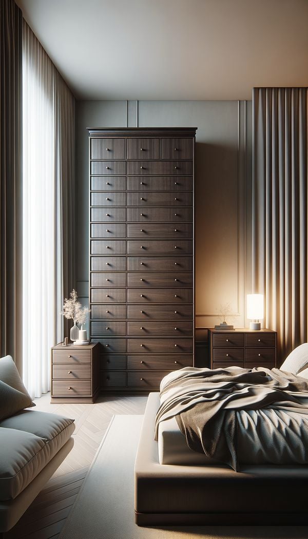 A tall, narrow chiffonier made of dark wood, featuring multiple drawers, staged in a well-lit bedroom with muted, elegant decor.