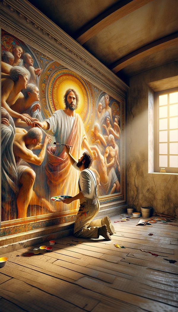 A fresco painting in progress with an artist applying colorful pigments to wet plaster on a wall, under the warm glow of natural light.