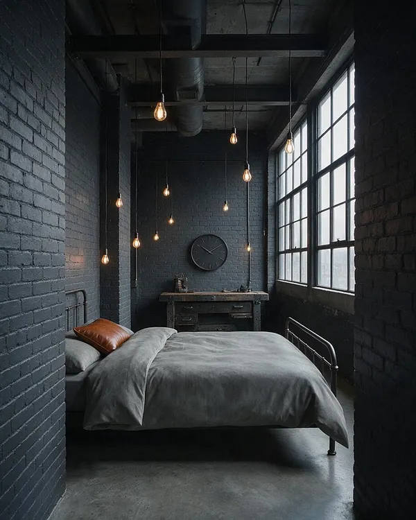 A dark industrial-style master bedroom with black painted brick walls, a metal bed frame, and gray bedding. Large factory-style windows line one side, while exposed pendant bulbs hang from the ceiling above a rustic desk and wall clock.