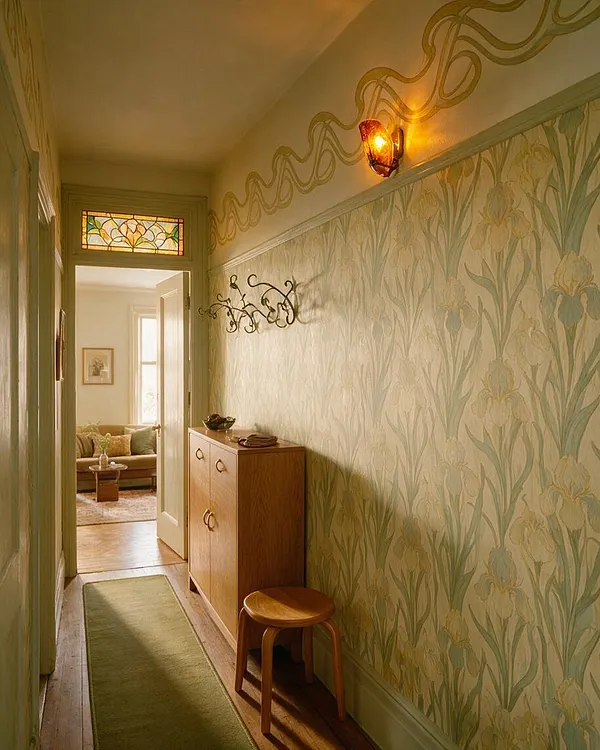 A narrow Art Nouveau entryway with pale green floral wallpaper, a warm amber wall sconce, and a stained glass transom window above the doorway. A simple wood cabinet and stool sit along the hall beside a green runner on worn wood floors, creating a soft, elegant welcome.