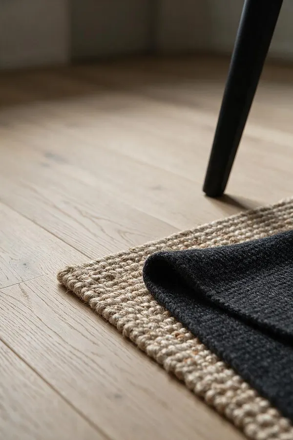 A close-up view of a Japandi-inspired interior showing a pale oak floor with subtle grain, a thick woven natural-fiber rug in beige, and a dark charcoal textile layered on top. A slim black chair leg enters from the upper right, adding contrast to the soft neutral palette.