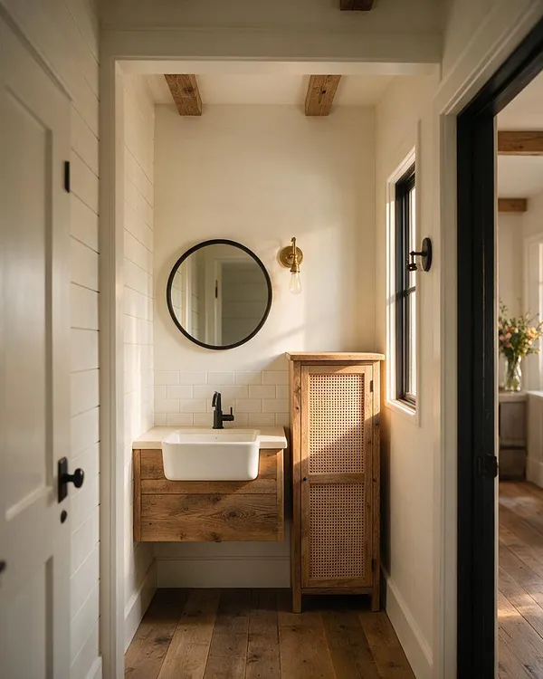 A narrow farmhouse powder room with white shiplap-style walls, rustic wood ceiling beams, and wide-plank wood floors. The space includes a floating wood vanity with a white vessel sink, black faucet, round black-framed mirror, brass sconce, and a tall cane-front wood cabinet beside a black-trimmed window.