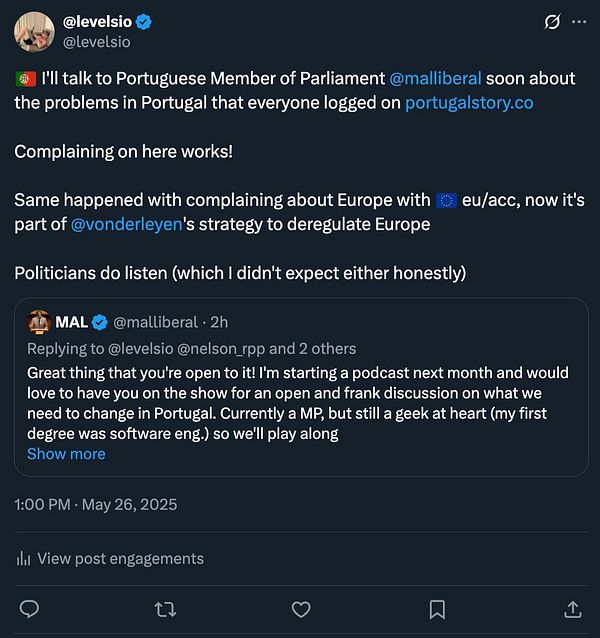 A Twitter conversation about discussing issues in Portugal with a member of parliament.