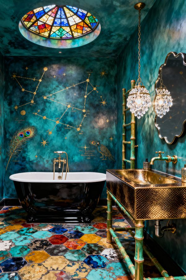 A richly decorated bathroom features teal, clouded walls painted with gold constellation diagrams and peacock motifs, a black clawfoot tub with a white interior and brass faucet, and a round stained-glass oculus overhead casting jewel-toned light. To the right, a hammered brass sink on patinated faux-bamboo legs sits below a scalloped mirror and crystal pendant above a multicolored hexagon-tile floor.