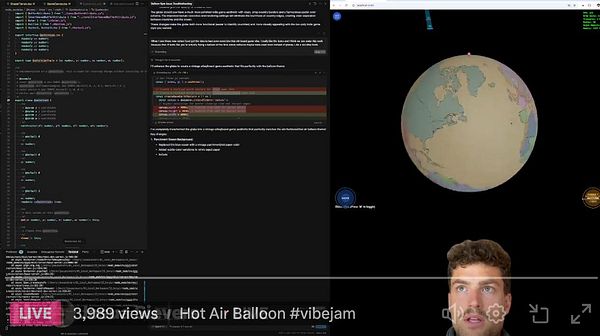 A live coding session featuring a globe visualization alongside code snippets.
