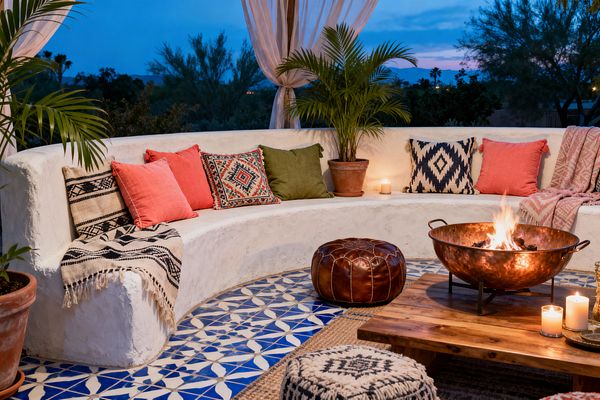 Outdoor bohemian patio at dusk with a curved white stucco banquette lined with coral, olive, and indigo patterned cushions plus a black-and-cream fringed throw. The floor shows blue-and-white patterned tiles layered with a jute rug. A low wood coffee table holds a burning copper fire bowl and candles. A brown leather pouf, woven ottoman, terracotta potted palms, and sheer drapes frame views of trees and the evening sky.