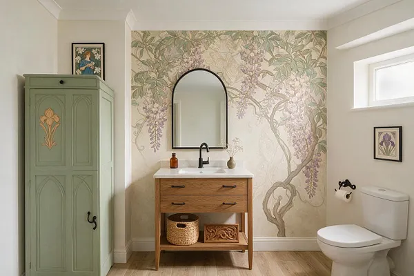 A powder room with Art Nouveau-inspired botanical mural wallpaper behind a floating wood vanity, an arched black-framed mirror, and a black faucet. A muted sage cabinet stands to the left, while a white toilet, small framed floral art, and a narrow horizontal window complete the calm, elegant space.