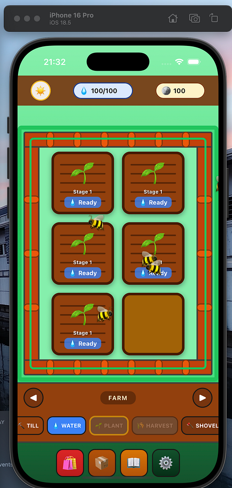 The image displays a mobile game interface focused on farming activities.