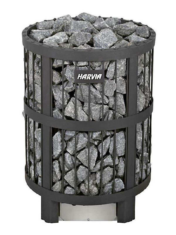 A sauna heater with a stone reservoir is displayed.