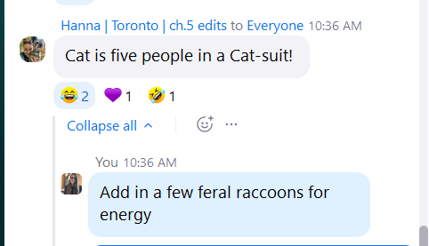 A humorous chat conversation about personal branding and chaotic energy in a coworking space.